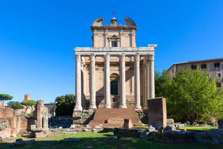 Rome, Italy - October 8, 2020: Roman Forum, view of the ruins of several important ancient buildings, Temple of Antoninus and Faustinaのeditorial素材
