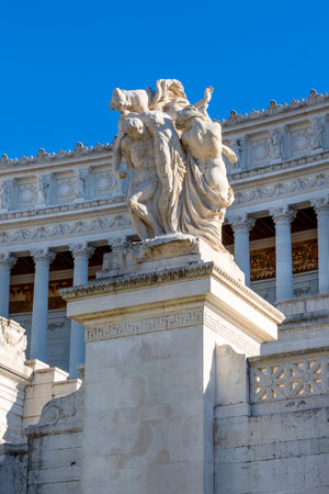 Rome, Italy - October 8, 2020: Sculptural group The Sacrifice by Leonardo Bistolfi in front of Victor Emmanuel II Monument (Monumento Nazionale a Vittorio Emanuele II) on Venetian Squareのeditorial素材
