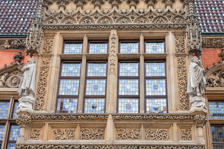 Wroclaw, Poland-June 12, 2017: Gothic Wroclaw Old Town Hall on market square, decorative window. It was built in the 13th century , one of the main landmarks of the city.のeditorial素材