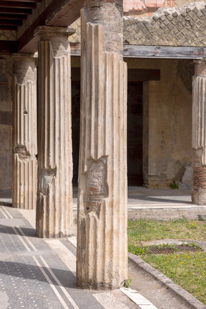 Herculaneum, Campania, Italy - June 29, 2021: Ruins of an ancient city destroyed by the eruption of the volcano Vesuvius in 79 AD, Archaeological Park of Ercolanoのeditorial素材