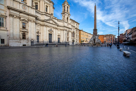 Rome, Italy - October 9, 2020: Piazza Navona with 17th century Fountain of the Four Rivers (Nile, Danube, Ganges, Rio de la Plata) and Obelisco Agonaleのeditorial素材