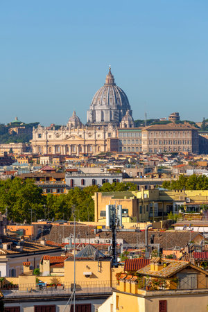 Rome, Italy - October 10, 2020: Aerial view of the city with Saint Peter's Basilica in Vatican City in the distance. View from observation deck (Terrazza viale del belvedere)のeditorial素材