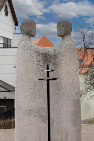 Brno, Czech Republic - March 5, 2023: Sculpture of St. Cyril and Methodius in front of Cathedral of Saints Peter and Paul.のeditorial素材