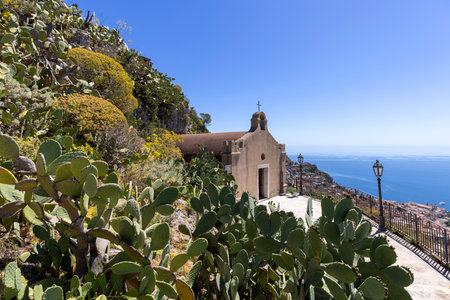 Chiesa di San Biagio, historic 1st century church on the path of Saracens (Sentiero dei Saraceni) between Taormina and Castelmola, along the slope of Monte Tauro, Sicily; Italyの写真素材