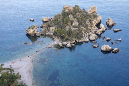 Taormina, Sicily, Italy - April 28, 2023: Beautiful view of the picturesque Isola Bella, small rocky island in the Ionian Sea. Also known as The Pearl of the Ionian Seaのeditorial素材