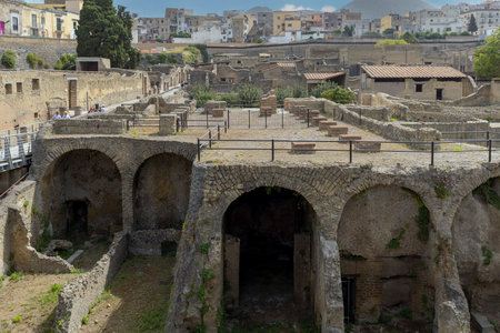 Herculaneum, Campania, Italy - June 29, 2021: Ruins of an ancient city destroyed by the eruption of the volcano Vesuvius in 79 AD near Naples, Archaeological Park of Ercolanoのeditorial素材