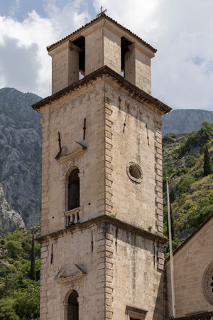 Kotor, Montenegro - June 26, 2023: Tower of Cathedral of Saint Tryphon (Kotor Cathedral), roman catholic medieval churchのeditorial素材