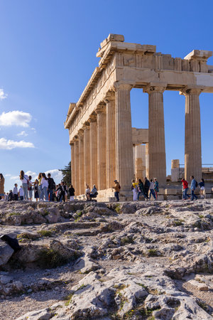 Athens, Greece - October 17, 2022: Group of tourists in front of Parthenon on Acropolis of Athens. Temple was dedicated to the goddess Athenaのeditorial素材