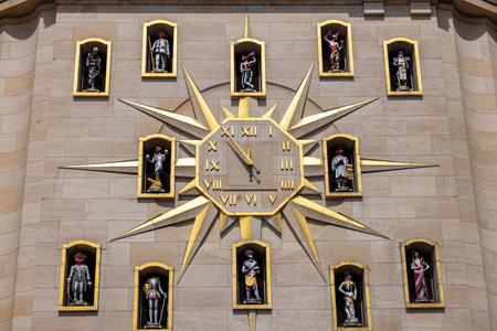 Brussels, Belgium - May 18, 2023: The Mont des Arts carillon with giant clock of Jules Ghobert. It...