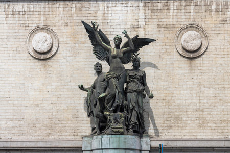 Brussels, Belgium - May 18, 2023: Bronze fine art sculpture in front of Building of Oldmasters Museum, art museum dedicated to European painters. This is one of the Royal Museums of Fine Arts of Belgium museumsのeditorial素材