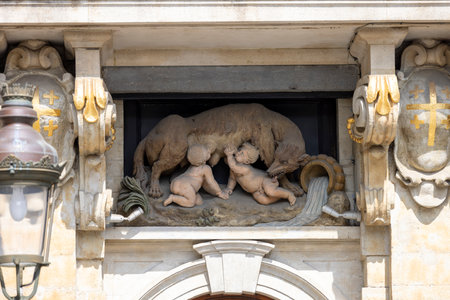 Brussels, Belgium - May 19, 2023: Facade of tenement house called The She-Wolf, House of the Oath of Archers. It is one of magnificent halls of the former Brussels guilds in Grand Placeのeditorial素材