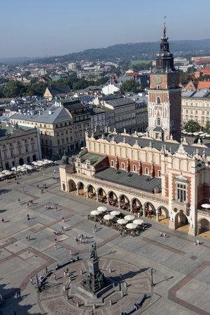 Krakow, Poland - September 9, 2023: Aerial view from tower of St. Mary's Church of on the city skyline. Main market square with Cloth Hall (Sukiennice) and Town Hall Towerのeditorial素材