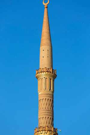 Sharm el Sheikh, Egypt - November 20, 2019: Al Mustafa mosque, a large Islamic temple in the city center, minaret tower with a crescent symbolのeditorial素材