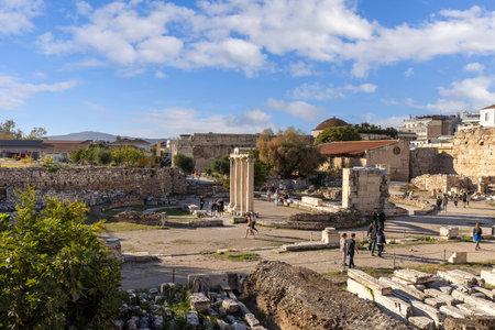 Athens, Greece - October 17, 2022: Hadrian Library, remains of Roman Emperor Hadrian building in ancient timesのeditorial素材