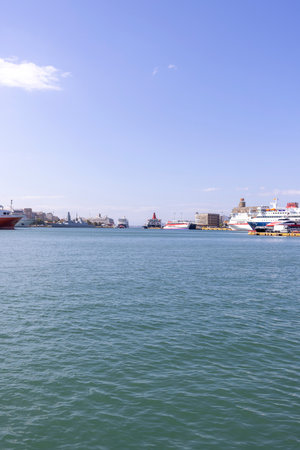 Athens, Piraeus, Greece - October 18, 2022: View of the Main Harbor, great cruise ships moored at the quay on a beautiful sunny dayのeditorial素材