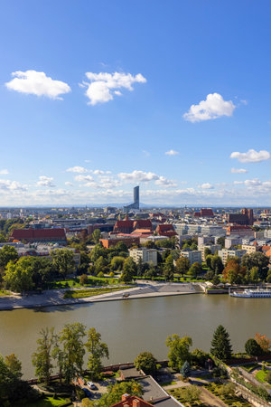 Wroclaw, Poland - September 30, 2021: Aerial view of Sky Tower, modern skyscraper, one of the...