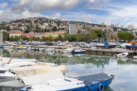 Rijeka, Croatia - September 23, 2023: View of Mrtvi Kanal, old riverbed of Rjecine. Embankment and moored boats in the marinaのeditorial素材