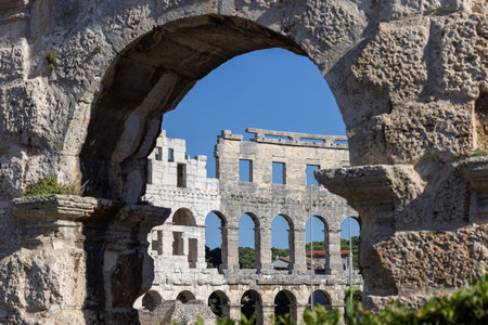 Pula, Croatia, Istria - September 29, 2023: Monumental Roman amphitheater Pula Arena, built of...