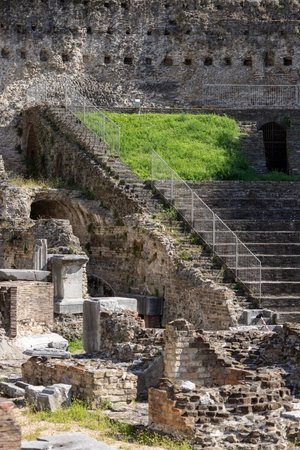 Trieste, Italy - September 26, 2023: Ruins of Roman Theater of Trieste (Teatro Romano di Trieste) located at the foot of the San Giusto Hillのeditorial素材