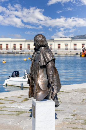 Trieste, Italy - September 26, 2023: Statue of Josef Ressel, creator of the ship propeller, in port next to Canal Grande Triesteのeditorial素材
