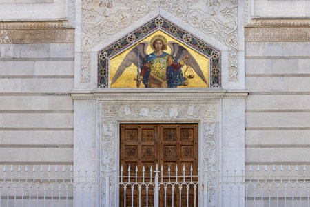 Trieste, Italy - September 26, 2023: Facade of 18th century orthodox Saint Spyridon Church located...