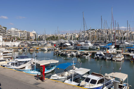 Athens, Piraeus, Greece - October 18, 2022: View of the port in the Bay of Zea (Pasalimani) with...
