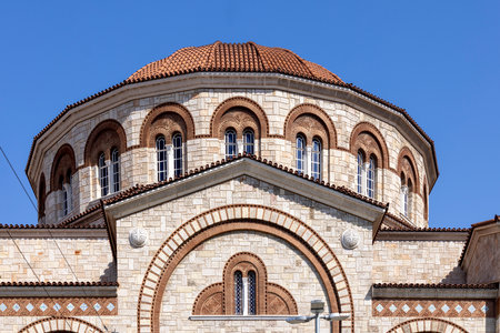 Athens, Piraeus, Greece - October 18, 2022: Facade of Hagia Triada Cathedral in Neo-Byzantine style, Holy Trinity Greek Orthodox churchのeditorial素材