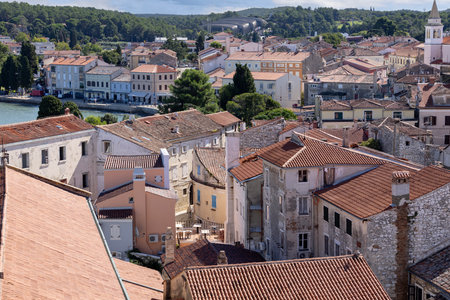 Porec, Croatia, Istria - September 25, 2023: Aerial view from bell tower of Euphrasian Basilica of city and boulevard by the seaのeditorial素材