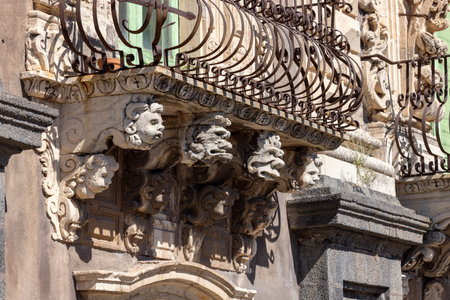 Catania, Sicily, Italy - April 26, 2023: Detail of decorative facade of medieval Benedictine Monastery of San Nicolo l'Arena, now University of Cataniaのeditorial素材