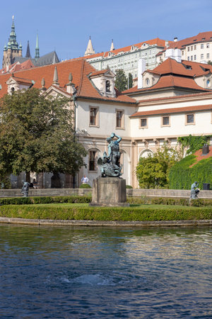 Prague, Czech Republic - September 3, 2024: Wallenstein Palace (Valdstejnska Zahrada) and Wallenstein Garden with Fountain of Hercules (Herkulova fontana). Prague Castle on Hradcany in backgroundのeditorial素材
