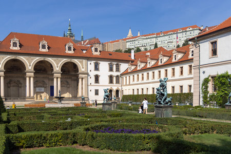 Prague, Czech Republic - September 3, 2024: Beautifully designed Wallenstein Garden with art statues in front of Wallenstein Palace (Valdstejnska Zahrada). It is a 17th century baroque palace, currently the home of the Czech Senate.のeditorial素材