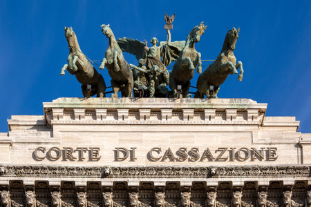 Rome, Italy - October 9, 2020: Quadriga at the top of Palace of Justice seat of Supreme Court of...