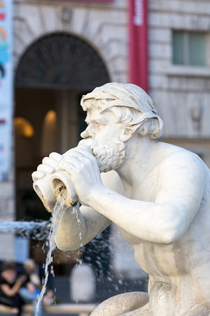 Rome, Italy - October 8, 2020: Fontana del Moro (Moor Fountain) located in Piazza Navona. Designed in the 16th century with the dolphin and four Tritonsのeditorial素材
