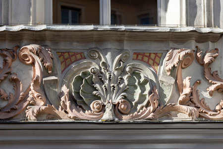 Innsbruck, Austria - February 26, 2023: Decorative facade of Helbling House in Old Town Herzog-Friedrich street. Building was built in fifteenth century, but later evolved with new architectural stylesのeditorial素材