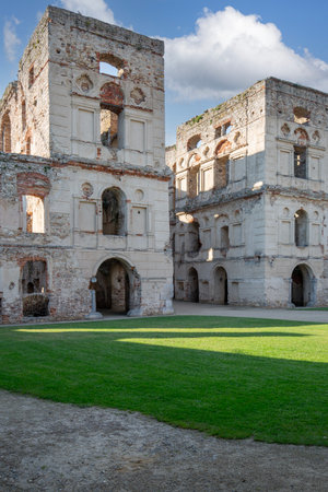 Ujazd, Poland - July 10, 2020 : Ruins of 17th century italian style Krzyztopor castle, medieval stone structure and open courtyard. Castle is listed as Historic Monument of Polandのeditorial素材