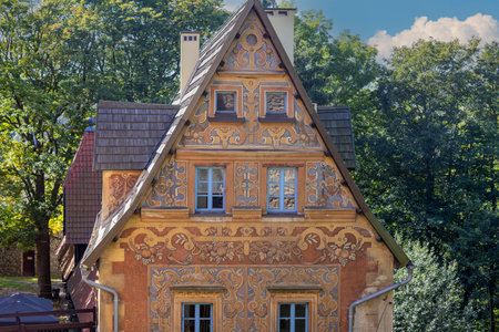 Zagorze Slaskie, Grodno, Poland - October 1, 2021: Medieval Grodno Castle, facade of gatehouse decorated with sgraffito methodのeditorial素材