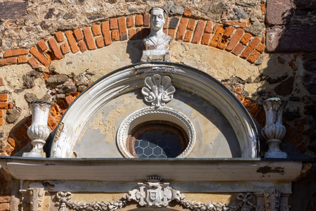 Zagorze Slaskie, Grodno, Poland - October 1, 2021: Medieval Grodno Castle, main gate with decorative portalのeditorial素材