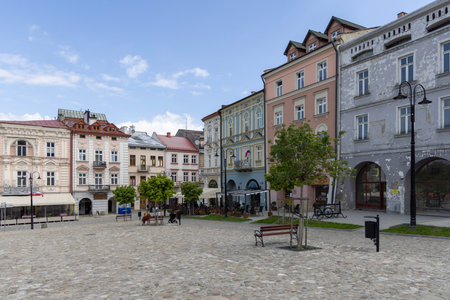 Przemysl, Poland - May 1, 2025: 14th century Old Town Market Square surrounded by colorful, historic tenement houses.のeditorial素材