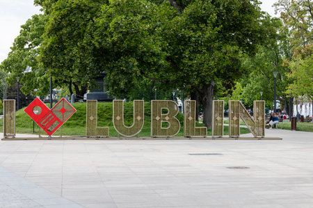 Lublin, Poland - May 24, 2022: Illuminated "I Love Lublin" sign, neon standing on Litewski Square. It is popular tourist spot and city landmark at nightのeditorial素材