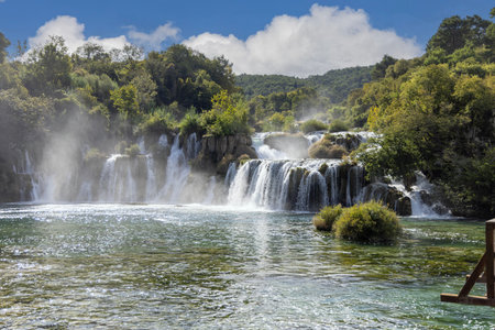Krka National Park, Skradinski Buk waterfall, natural wonder, waterfalls and rushing streams of water among greenery, Croatia, Dalmatiaの写真素材
