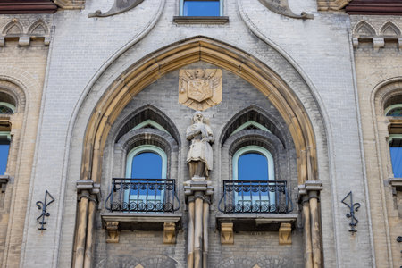 Ghent, Belgium - May 19, 2023: Decorative facade of historic building at Belfort Street (Belfortstraat)のeditorial素材