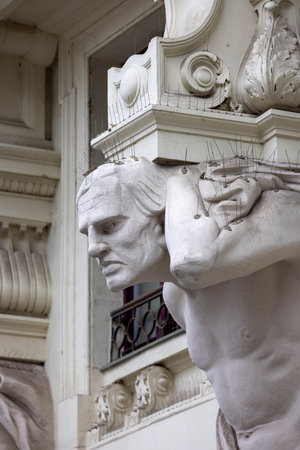 Brno, Czech Republic - March 5, 2023: Remarkable building House of the Four Giants with figures of four men. It was built in 1902 at Freedom Squareのeditorial素材