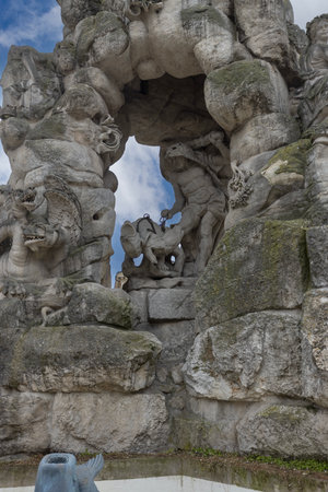 Brno, Czech Republic, Moravia - March 5, 2023: 17th century baroque Parnassus Fountain on Zelny trh square (Cabbage Market). It is decorated with allegorical figures and mythical animalsのeditorial素材