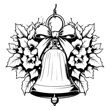 Bell with bow and poinsettia flowers. Vector illustration.のイラスト素材