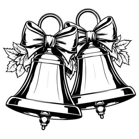 Christmas bells with bows. Vector illustration in black and white colors.のイラスト素材
