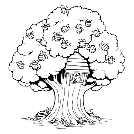 Illustration of a tree with bees and a birdhouse on a white backgroundのイラスト素材