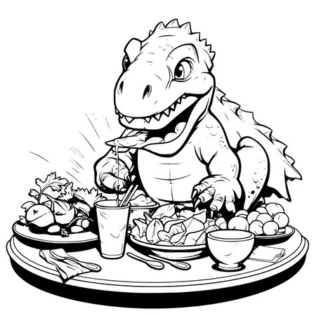 Black and white illustration of a dinosaur eating a plate of food.のイラスト素材