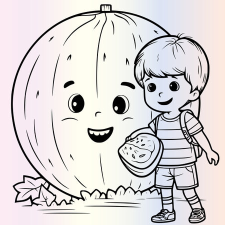Coloring Page Outline Of a Cute Little Boy Holding a Pumpkinのイラスト素材