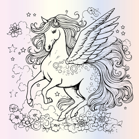 Unicorn with wings and flowers. Hand drawn vector illustration.のイラスト素材