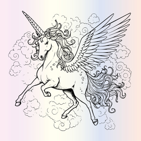 Unicorn with wings and clouds. Hand drawn vector illustration.のイラスト素材